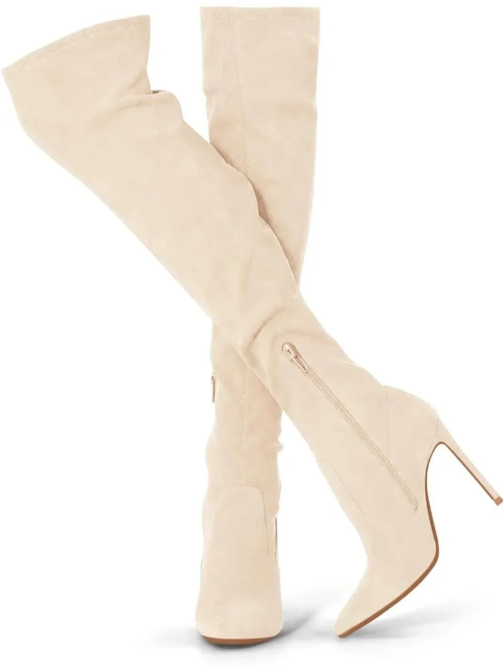 Women's Cream Faux Suede Pointed Toe Over-the-Knee Thigh High Stiletto Heel Boot